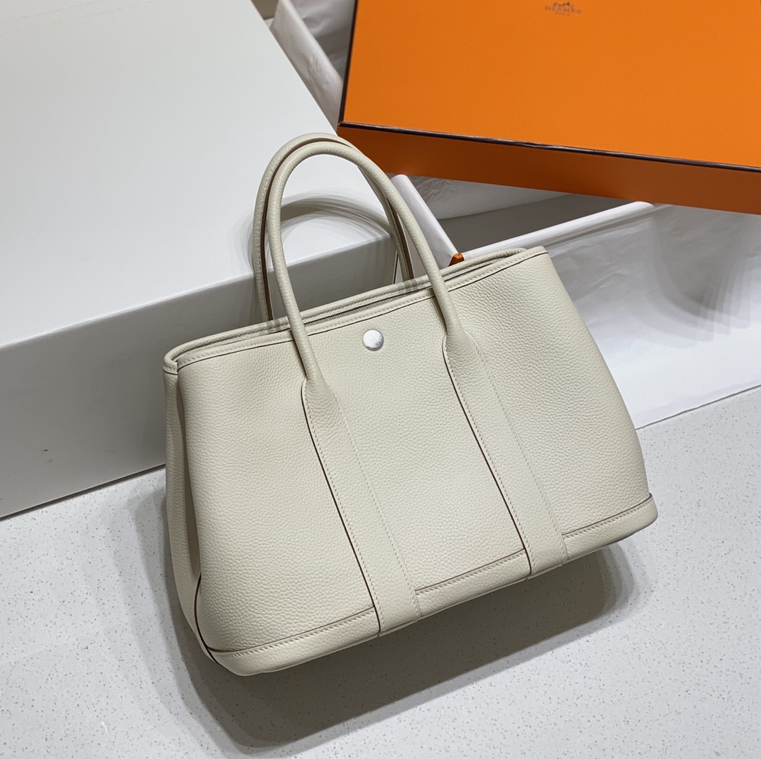 Hermes Garden Party 30cm Tote Handbag In Cream White Clemence Leather